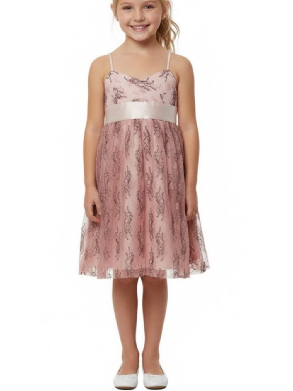 Vintage C.W. Designs Girls M Pink Black Lace Slip Dress Formal Party Bow USA NEW